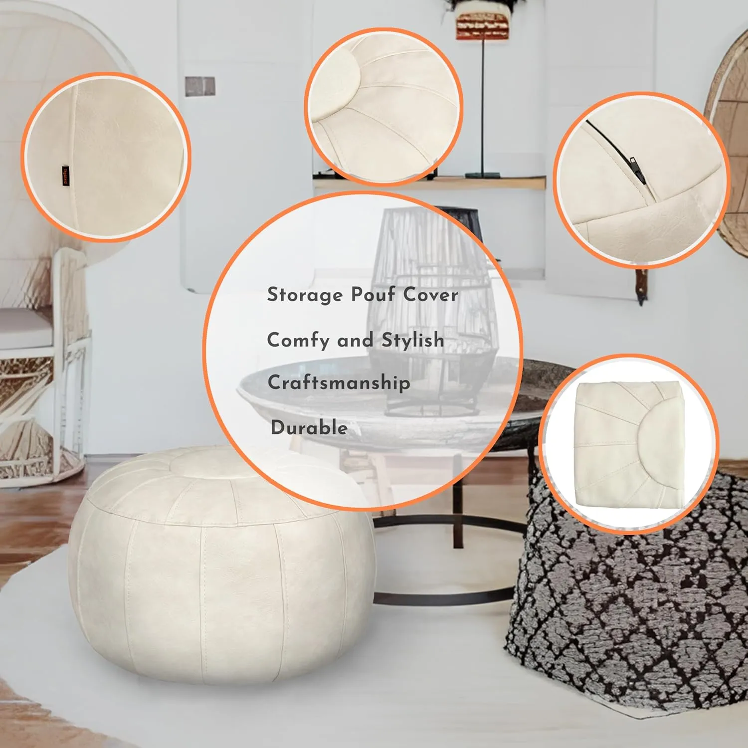 Thgonwid Unstuffed Moroccan Storage Pouf Foot Stool Ottoman Seat Handmade Faux Leather Bean Bag Floor Chair Foot Rest for Living Room, Bedroom or Balcony (Ivory White)