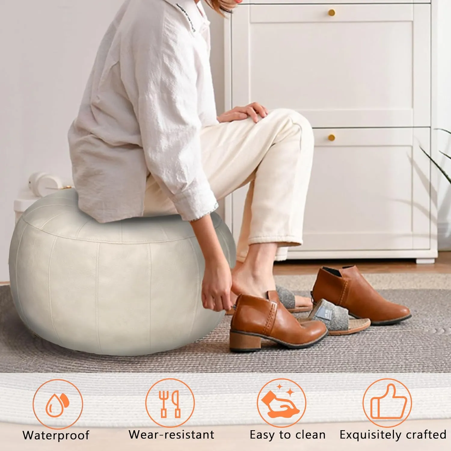 Thgonwid Unstuffed Moroccan Storage Pouf Foot Stool Ottoman Seat Handmade Faux Leather Bean Bag Floor Chair Foot Rest for Living Room, Bedroom or Balcony (Ivory White)