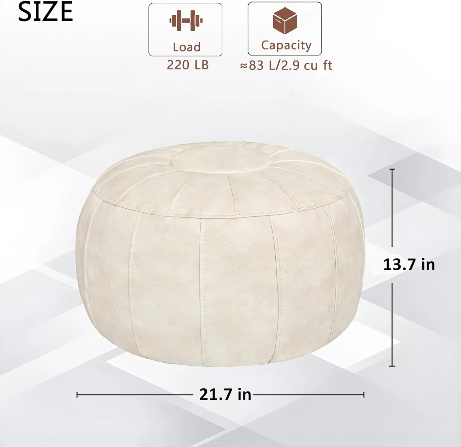 Thgonwid Unstuffed Moroccan Storage Pouf Foot Stool Ottoman Seat Handmade Faux Leather Bean Bag Floor Chair Foot Rest for Living Room, Bedroom or Balcony (Ivory White)