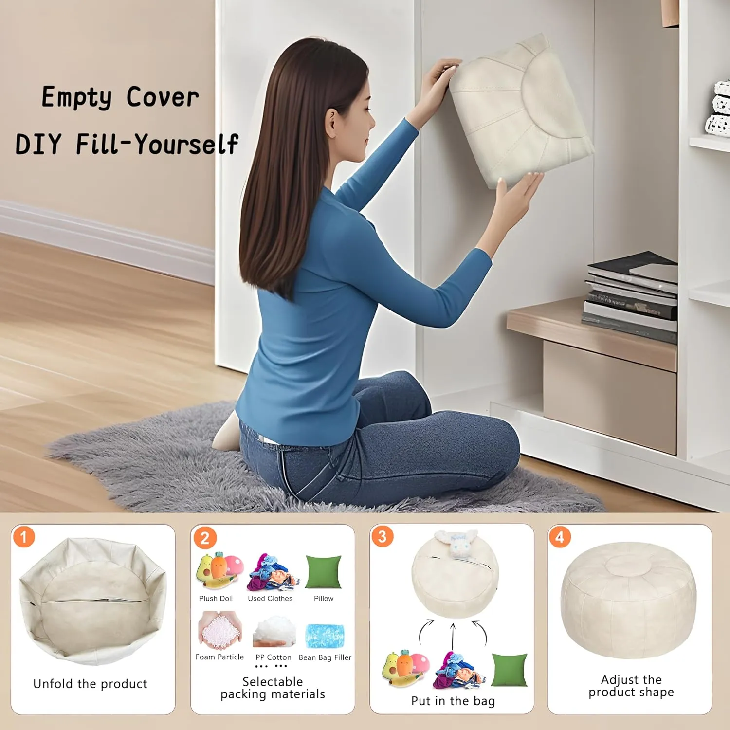 Thgonwid Unstuffed Moroccan Storage Pouf Foot Stool Ottoman Seat Handmade Faux Leather Bean Bag Floor Chair Foot Rest for Living Room, Bedroom or Balcony (Ivory White)