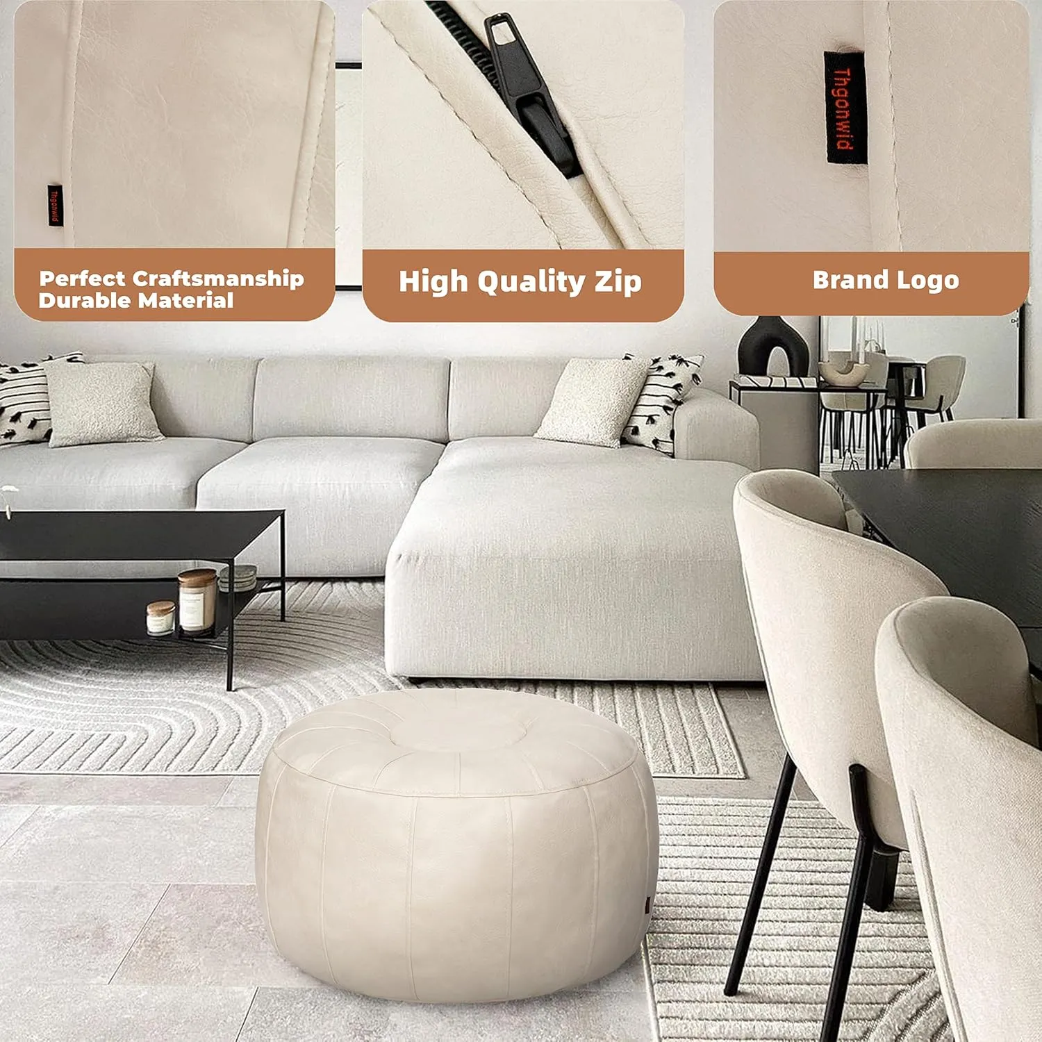 Thgonwid Unstuffed Moroccan Storage Pouf Foot Stool Ottoman Seat Handmade Faux Leather Bean Bag Floor Chair Foot Rest for Living Room, Bedroom or Balcony (Ivory White)