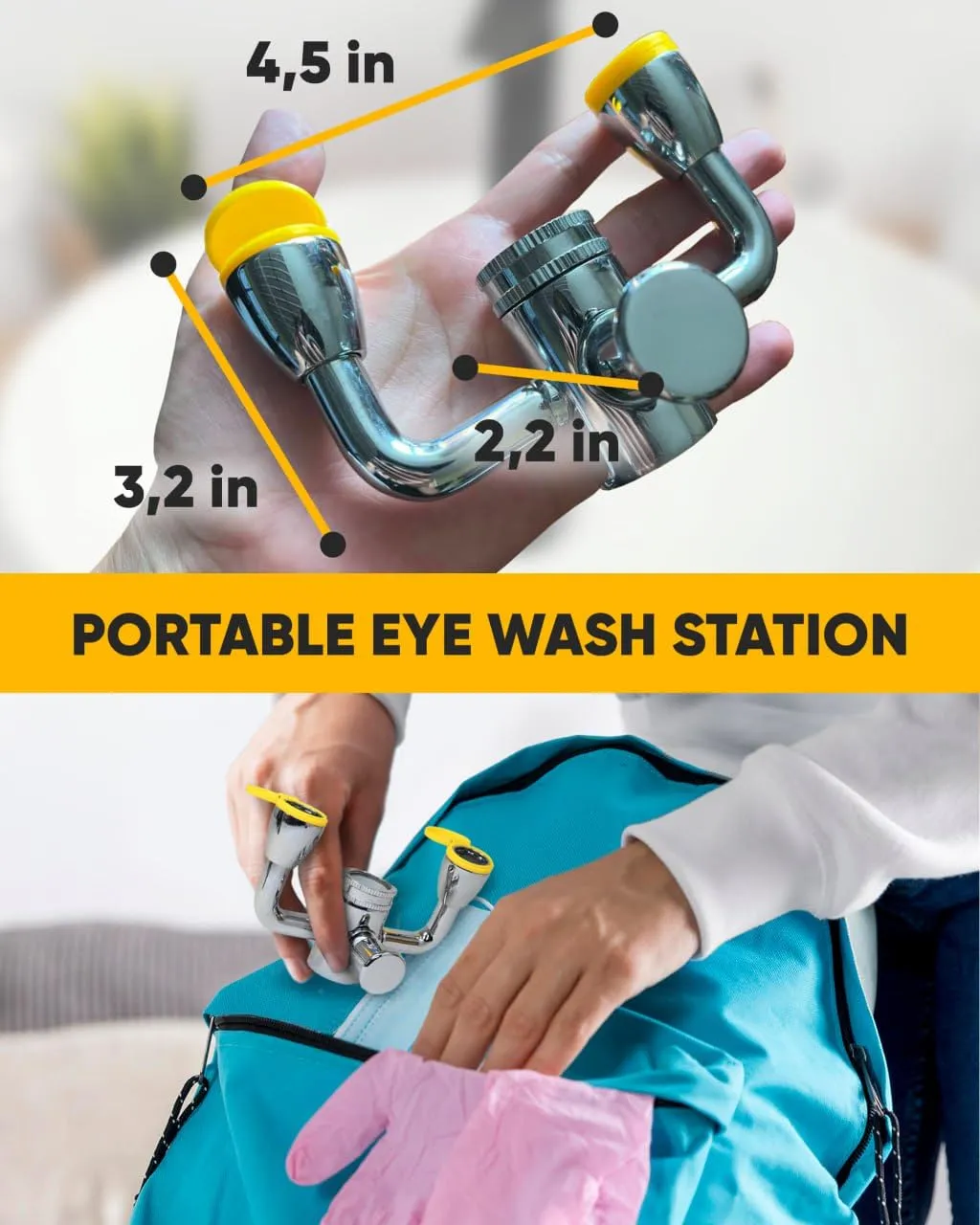 TidyFriend Eye Wash Kit Yellow - Push Style Eye Wash Units,Faucet Mounted Emergency Eye Wash Station Sink Attachment - Continuous Flow Eyewash Station with Common Sink Adapters and Inspection Tags