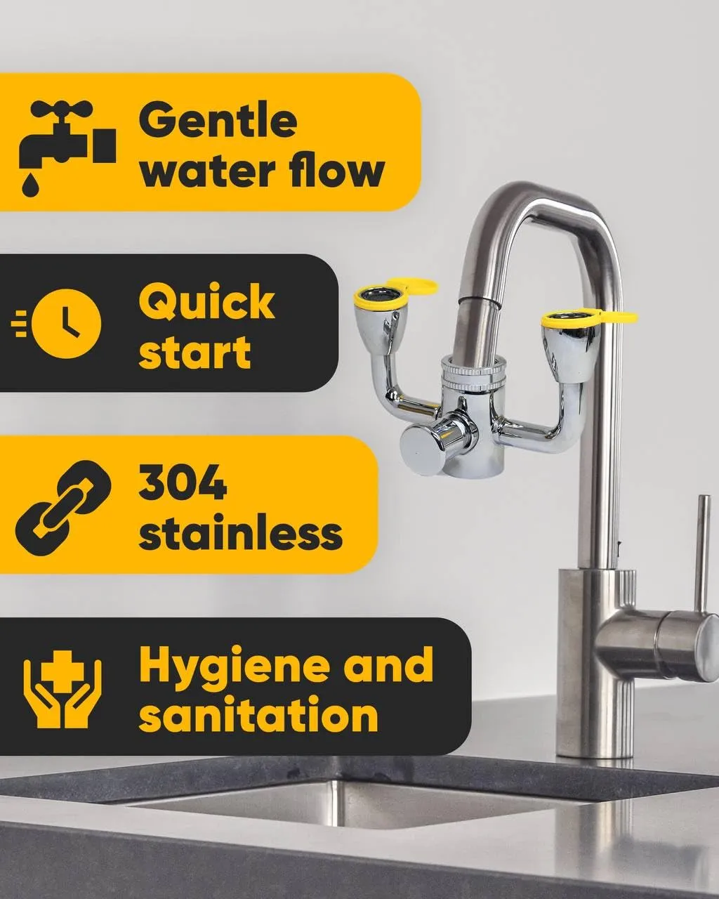 TidyFriend Eye Wash Kit Yellow - Push Style Eye Wash Units,Faucet Mounted Emergency Eye Wash Station Sink Attachment - Continuous Flow Eyewash Station with Common Sink Adapters and Inspection Tags