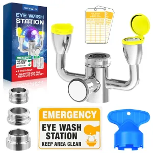 TidyFriend Eye Wash Kit Yellow - Push Style Eye Wash Units,Faucet Mounted Emergency Eye Wash Station Sink Attachment - Continuous Flow Eyewash Station with Common Sink Adapters and Inspection Tags