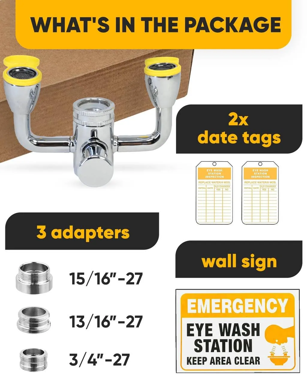 TidyFriend Eye Wash Kit Yellow - Push Style Eye Wash Units,Faucet Mounted Emergency Eye Wash Station Sink Attachment - Continuous Flow Eyewash Station with Common Sink Adapters and Inspection Tags