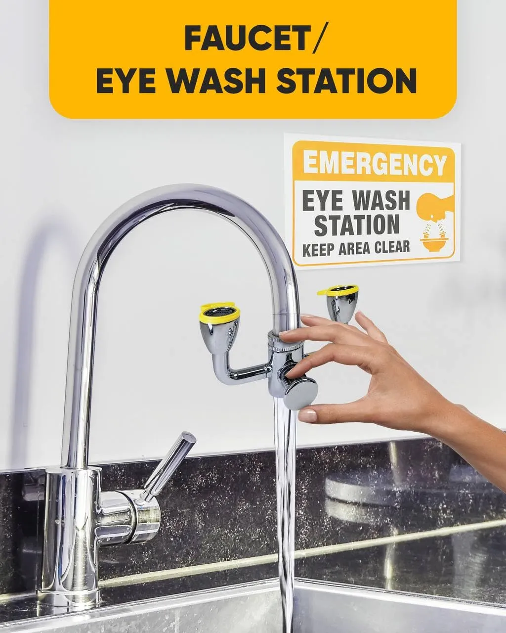 TidyFriend Eye Wash Kit Yellow - Push Style Eye Wash Units,Faucet Mounted Emergency Eye Wash Station Sink Attachment - Continuous Flow Eyewash Station with Common Sink Adapters and Inspection Tags