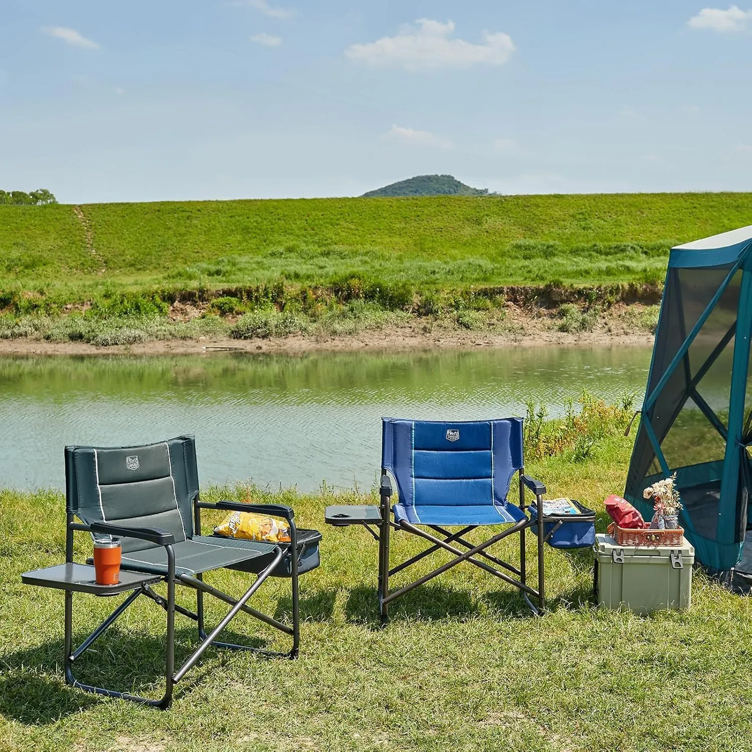 TIMBER RIDGE XXL Oversized Directors Chair 600lbs - Heavy Duty Camping Chair with Cooler Bag & Table, Portable Folding Chair with Wide Seat for Tailgating, Patio, Outdoor - Grey (2 Pack)