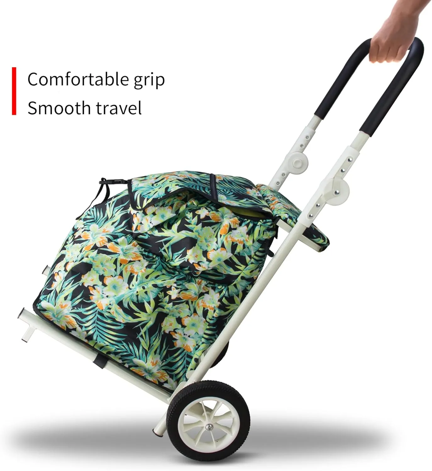 TMZ 2-Wheel Foldable Shopping Cart with Seat Function and Removable Bag - Lightweight Portable Grocery Trolley, 110 lbs Capacity Utility Cart for Market, Travel, Apartment (Tropic Style)