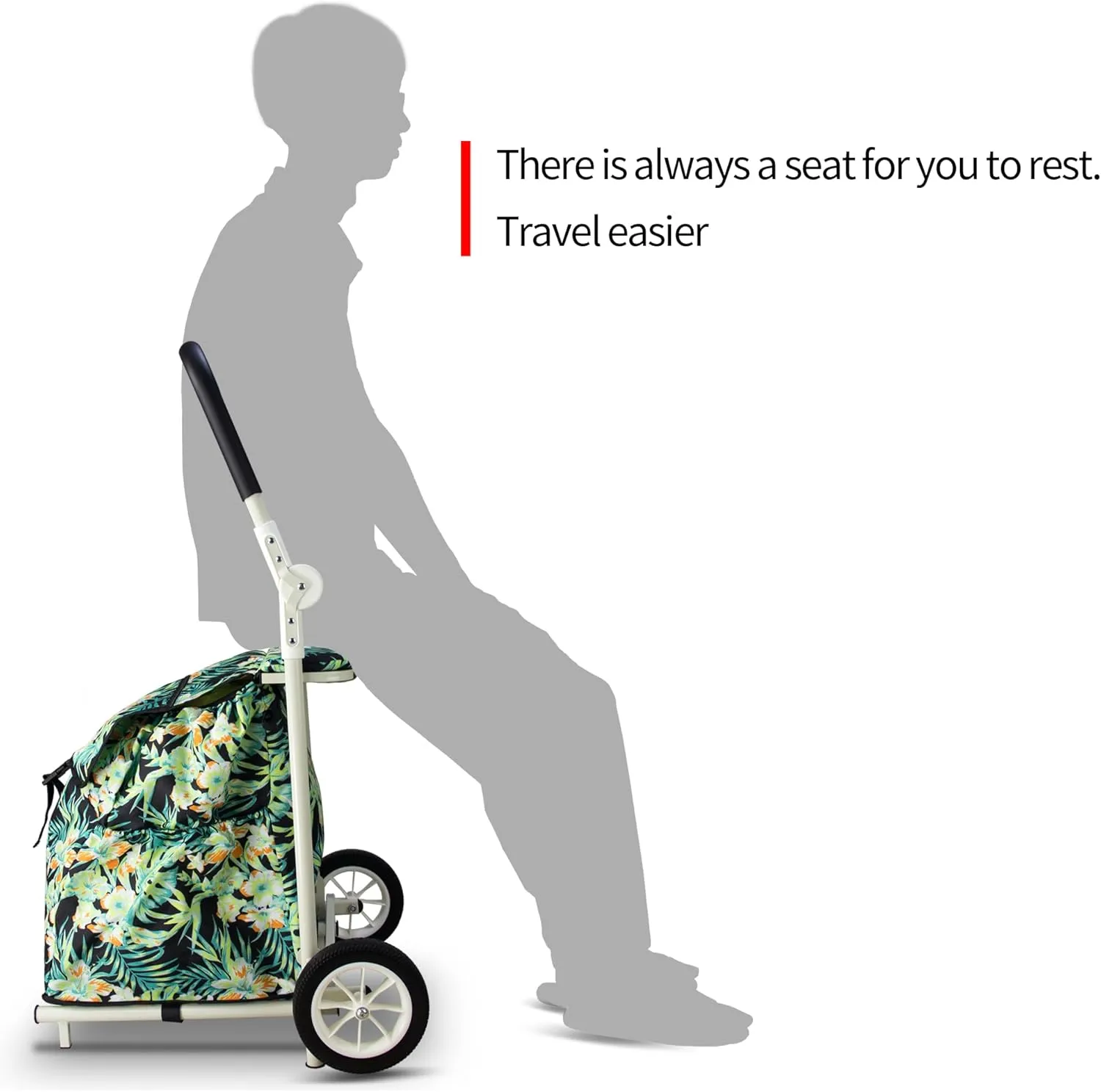TMZ 2-Wheel Foldable Shopping Cart with Seat Function and Removable Bag - Lightweight Portable Grocery Trolley, 110 lbs Capacity Utility Cart for Market, Travel, Apartment (Tropic Style)