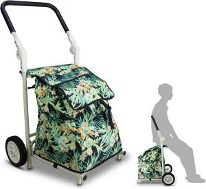 TMZ 2-Wheel Foldable Shopping Cart with Seat Function and Removable Bag - Lightweight Portable Grocery Trolley, 110 lbs Capacity Utility Cart for Market, Travel, Apartment (Tropic Style)