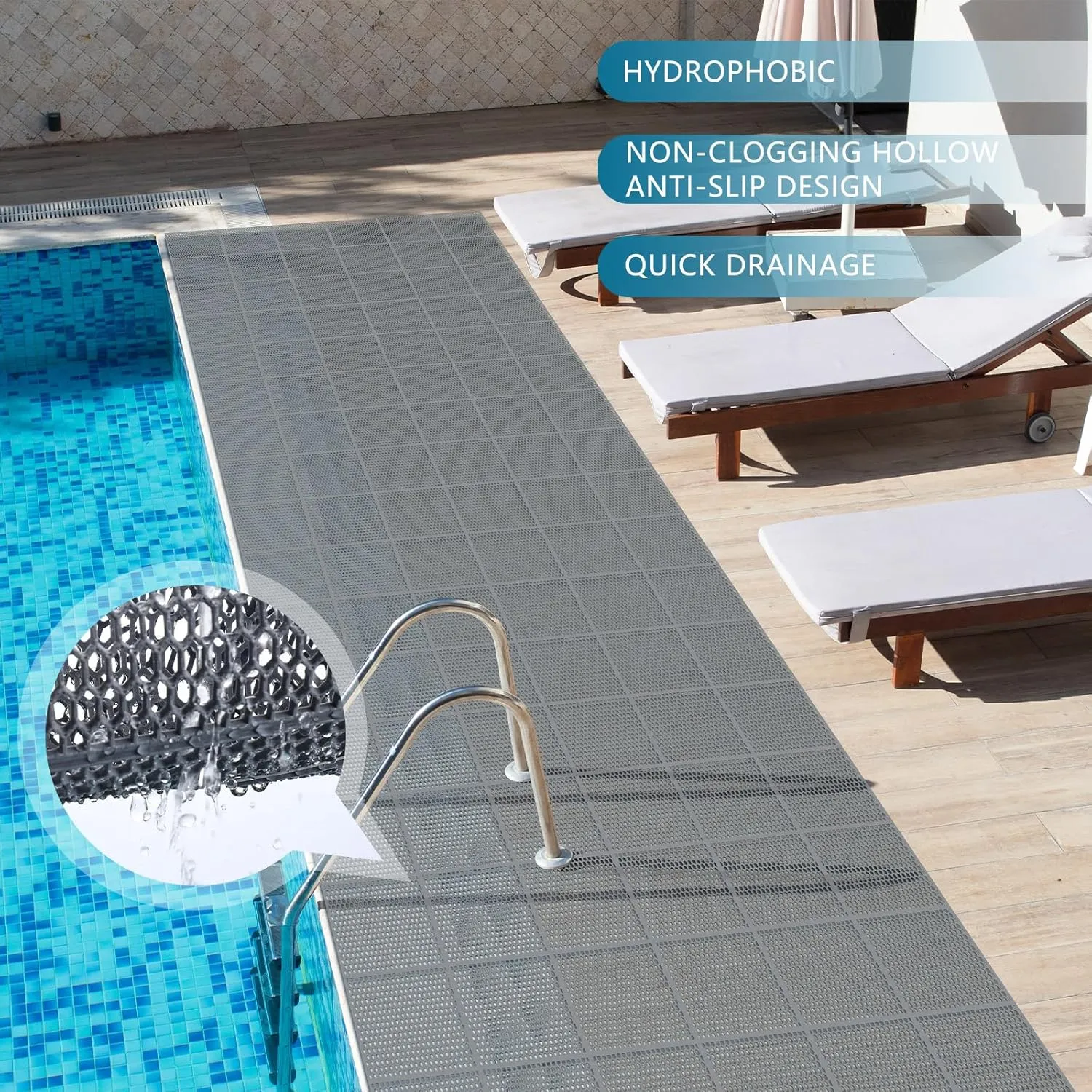 Tondiamo Drainage Pool Flooring Mats Swimming Pool Non Slip Mat PVC Splash Matting Mesh Hollow Doormat Roll for Outdoor Indoor Patio Restaurant Garage Kitchen Bathroom Bars(3 x 10 ft,Grey)
