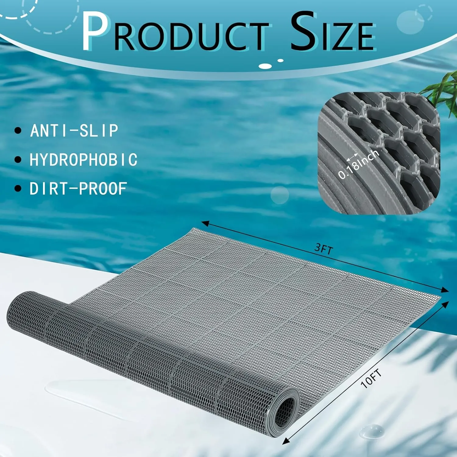 Tondiamo Drainage Pool Flooring Mats Swimming Pool Non Slip Mat PVC Splash Matting Mesh Hollow Doormat Roll for Outdoor Indoor Patio Restaurant Garage Kitchen Bathroom Bars(3 x 10 ft,Grey)