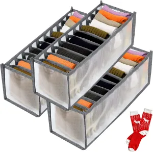 TOOVREN Sock Drawer Organizer 3 Pack, Mesh Foldable Cabinet Closet Organizers and Storage Boxes for Storing Underwear, Ties, Panties
