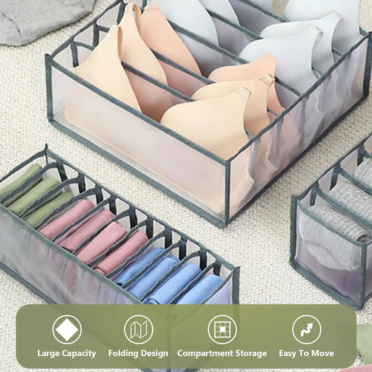 TOOVREN Sock Drawer Organizer 3 Pack, Mesh Foldable Cabinet Closet Organizers and Storage Boxes for Storing Underwear, Ties, Panties