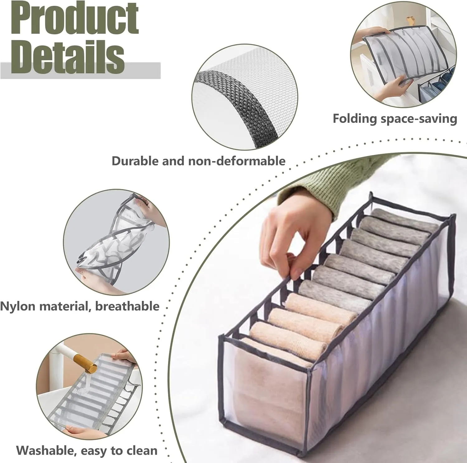 TOOVREN Sock Drawer Organizer 3 Pack, Mesh Foldable Cabinet Closet Organizers and Storage Boxes for Storing Underwear, Ties, Panties