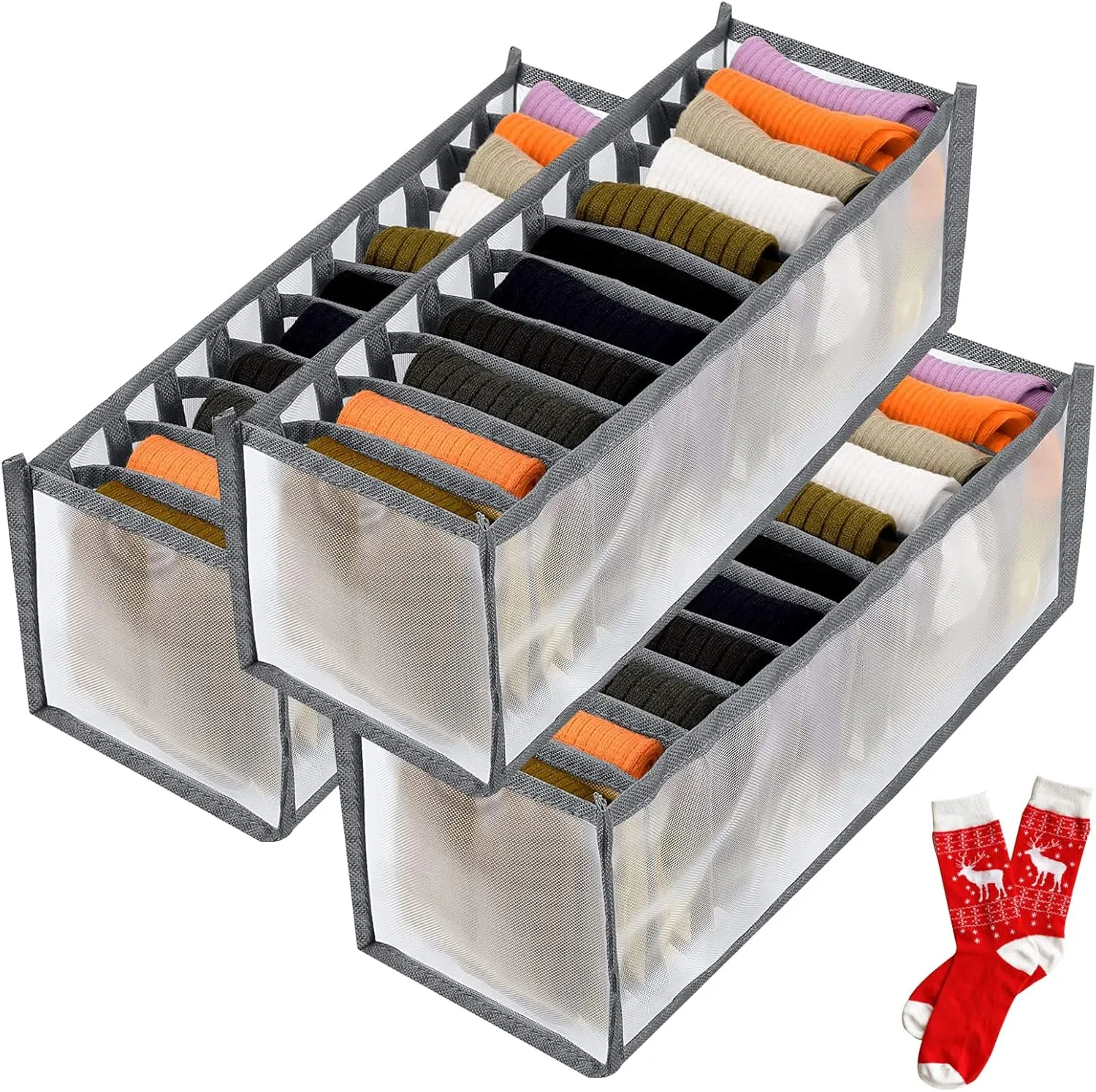 TOOVREN Sock Drawer Organizer 3 Pack, Mesh Foldable Cabinet Closet Organizers and Storage Boxes for Storing Underwear, Ties, Panties
