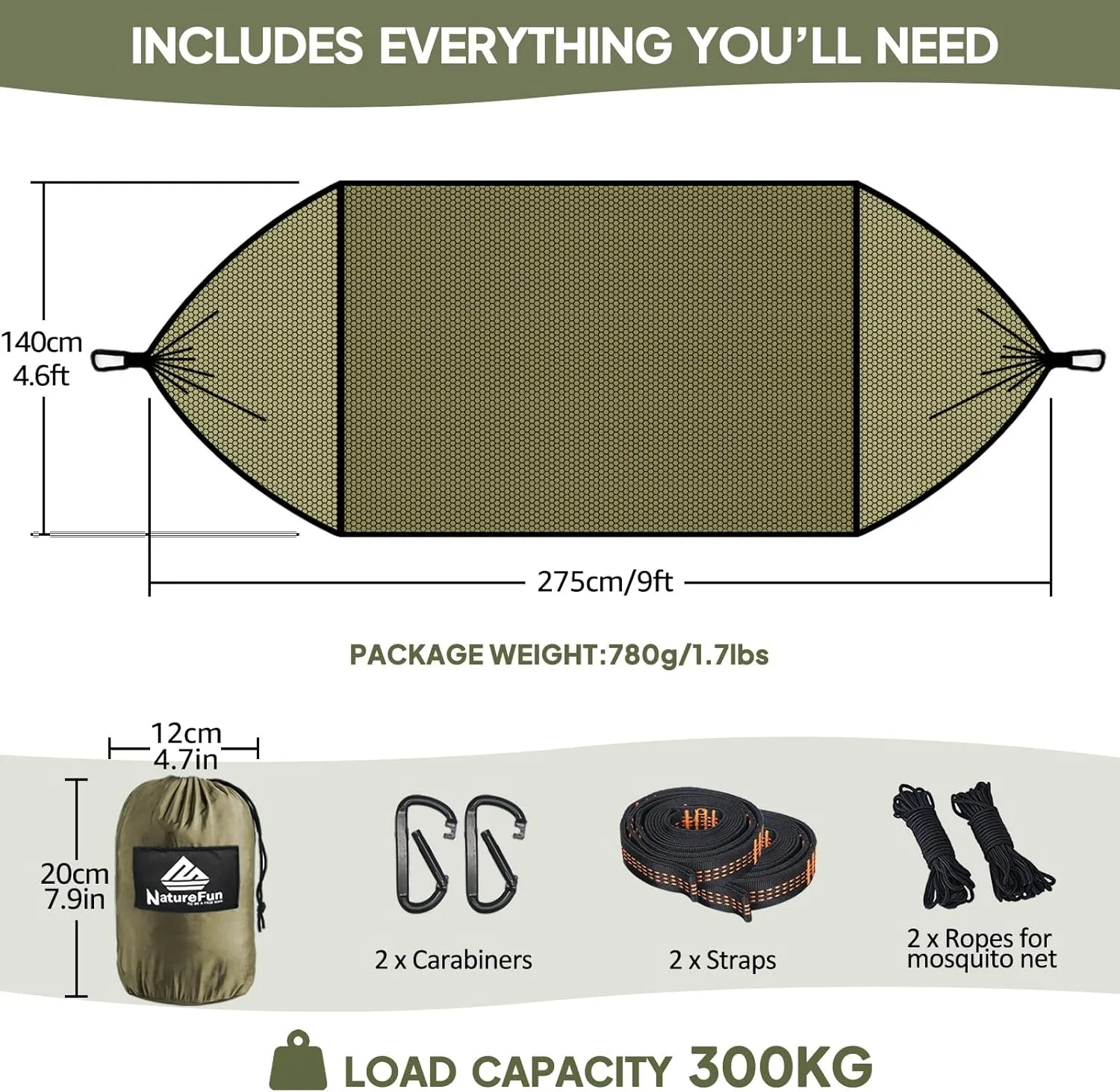 Travel Net Camping Hammock | 300kg Load Capacity,(275 x 140 cm) Breathable,Quick-Drying Parachute Nylon | 2 x Premium Carabiners,4 x Nylon Slings Included | for Outdoor Indoor Garden