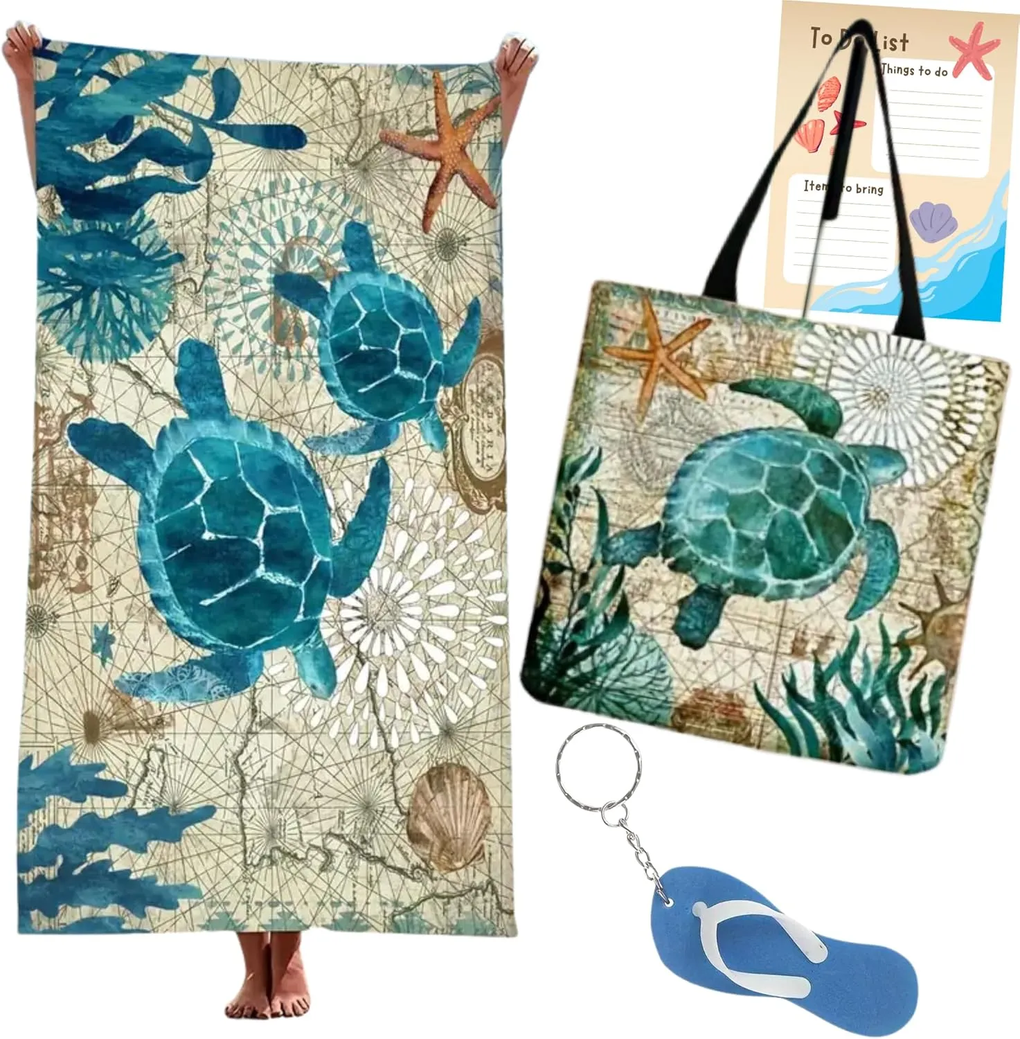 Turtle Beach Towel Summer Vacation Pool Cruise Set - Towel, Bag, and Keychain