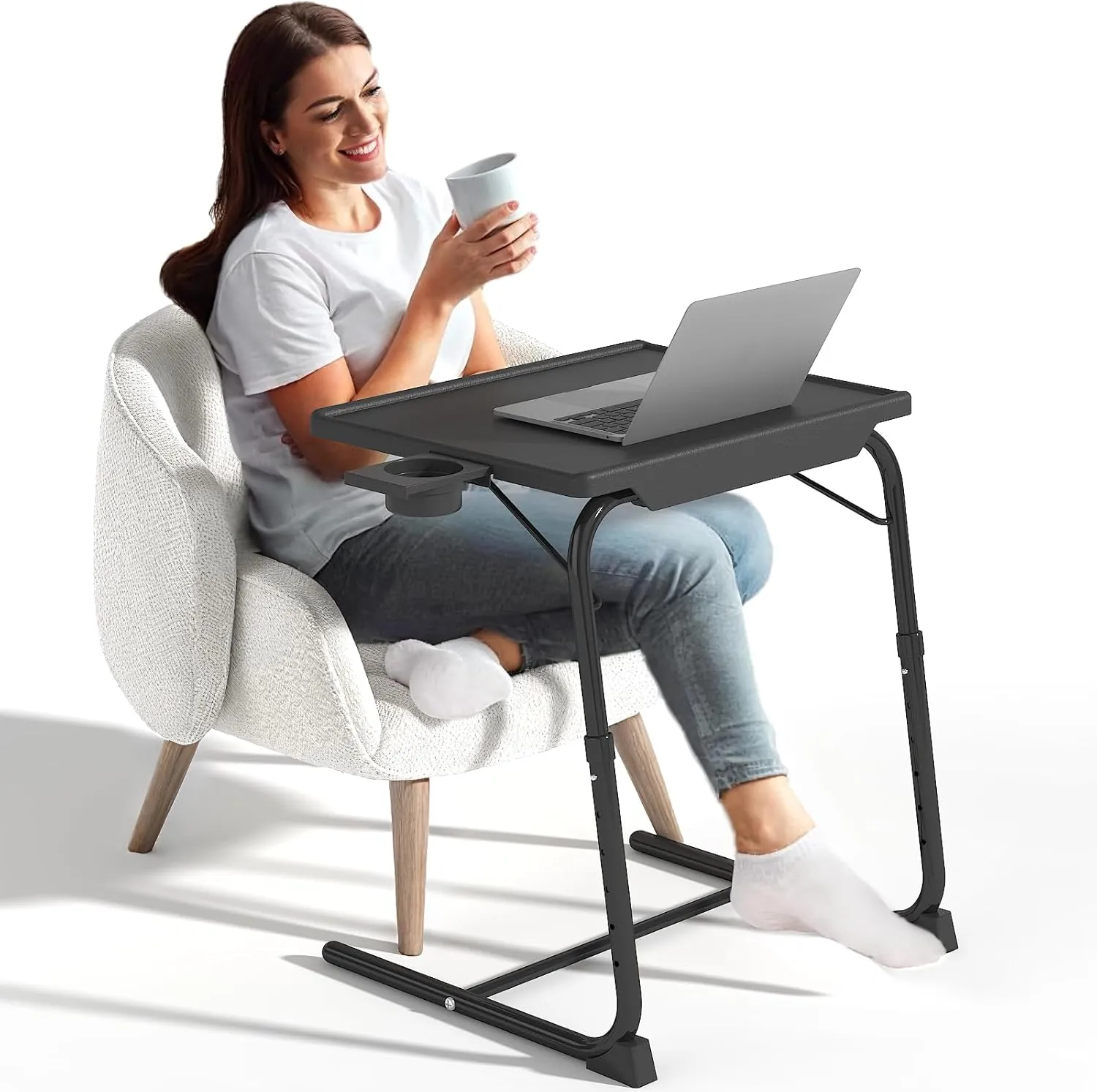 TV Tray Table, Adjustable TV Dinner Table for Eating on Couch with Cup Holder, Folding Couch Desk with 6 Height & 3 Tilt Angle Adjustments, Comfortable Laptop Stand for Bed & Sofa, Black