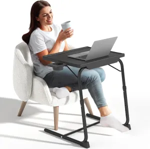 TV Tray Table, Adjustable TV Dinner Table for Eating on Couch with Cup Holder, Folding Couch Desk with 6 Height & 3 Tilt Angle Adjustments, Comfortable Laptop Stand for Bed & Sofa, Black