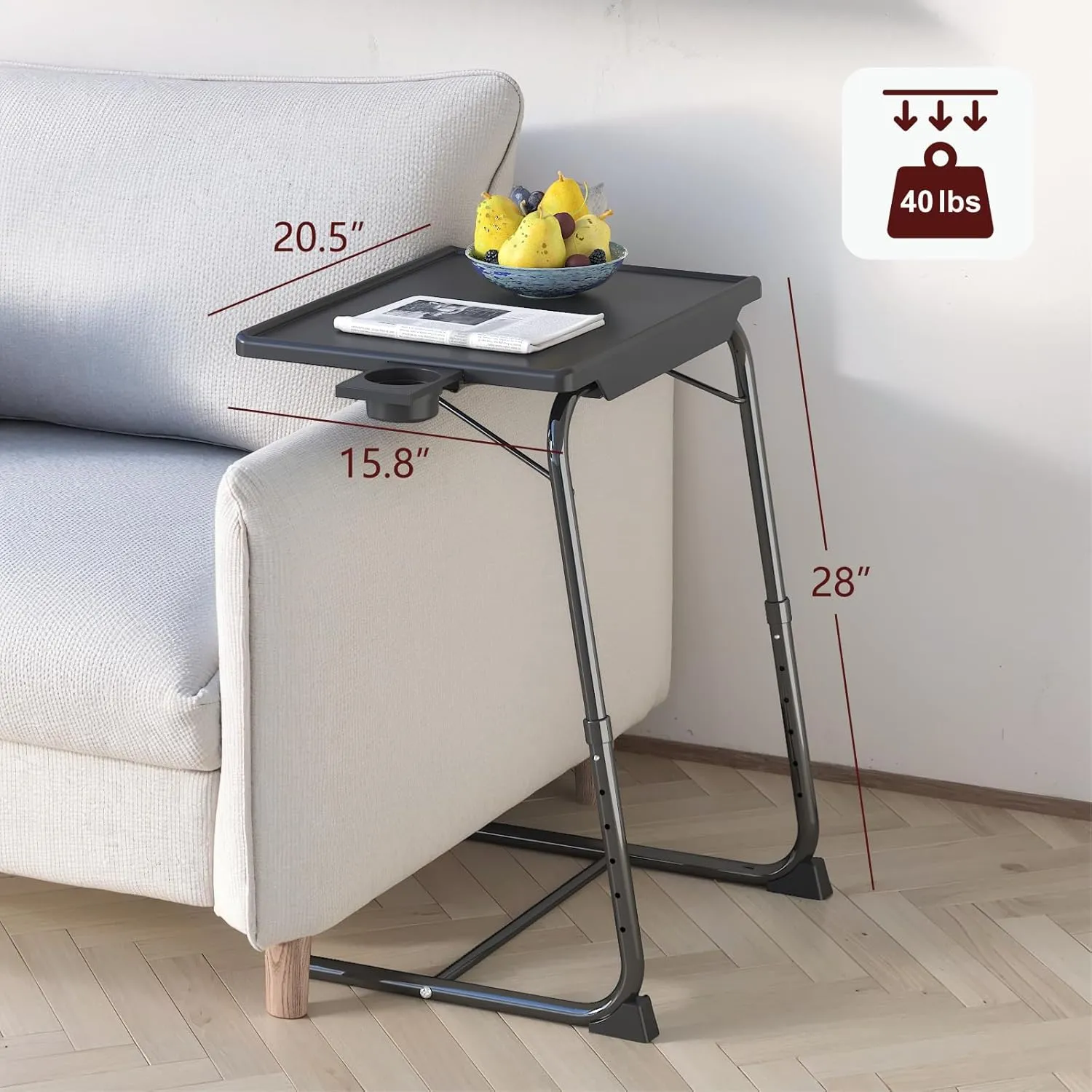 TV Tray Table, Adjustable TV Dinner Table for Eating on Couch with Cup Holder, Folding Couch Desk with 6 Height & 3 Tilt Angle Adjustments, Comfortable Laptop Stand for Bed & Sofa, Black