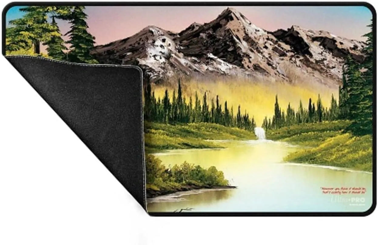 Ultra PRO - Bob Ross Mountain Retreat Black Stitched Playmat, Gaming Mat, Card Games, Tabletop Game Accessories, Oversize Mousepad, Office, Bob Ross Art Collectible, Non-Slip Playmat, Gaming