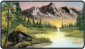 Ultra PRO - Bob Ross Mountain Retreat Black Stitched Playmat, Gaming Mat, Card Games, Tabletop Game Accessories, Oversize Mousepad, Office, Bob Ross Art Collectible, Non-Slip Playmat, Gaming