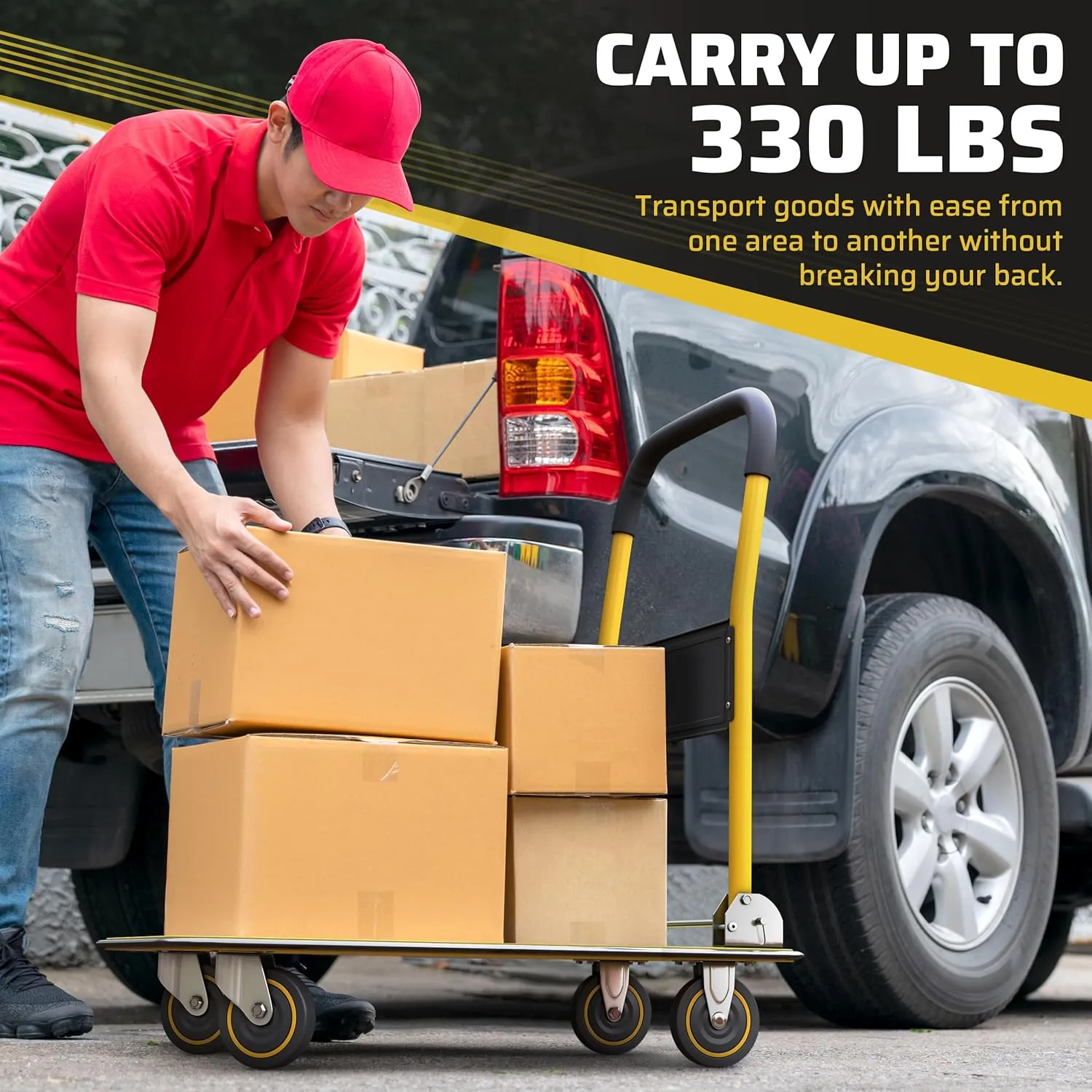 Upgraded Foldable Push Cart Dolly | 330 lbs. Capacity Moving Platform Hand Truck | Heavy Duty Space Saving Collapsible | Swivel Push Handle Flat Bed Wagon - Yellow
