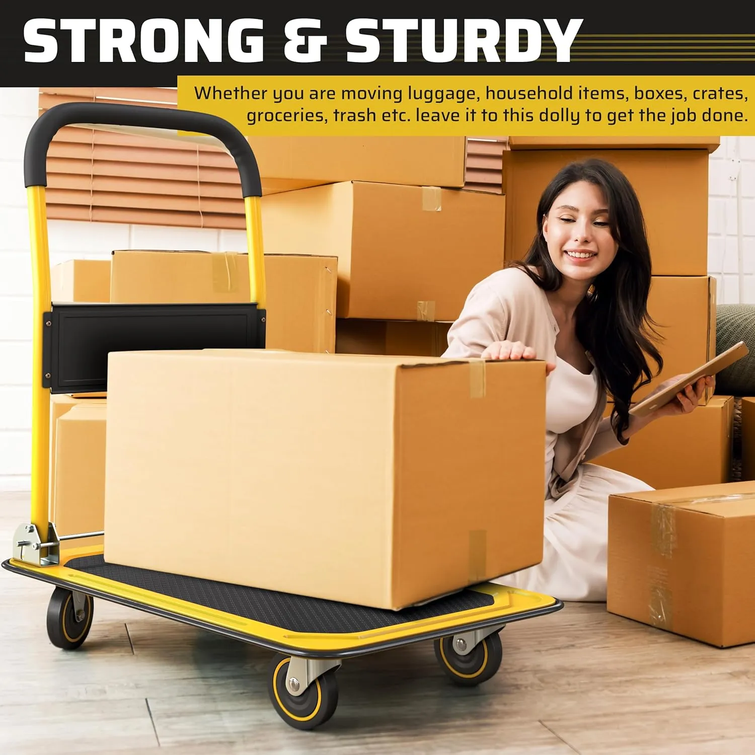Upgraded Foldable Push Cart Dolly | 330 lbs. Capacity Moving Platform Hand Truck | Heavy Duty Space Saving Collapsible | Swivel Push Handle Flat Bed Wagon - Yellow