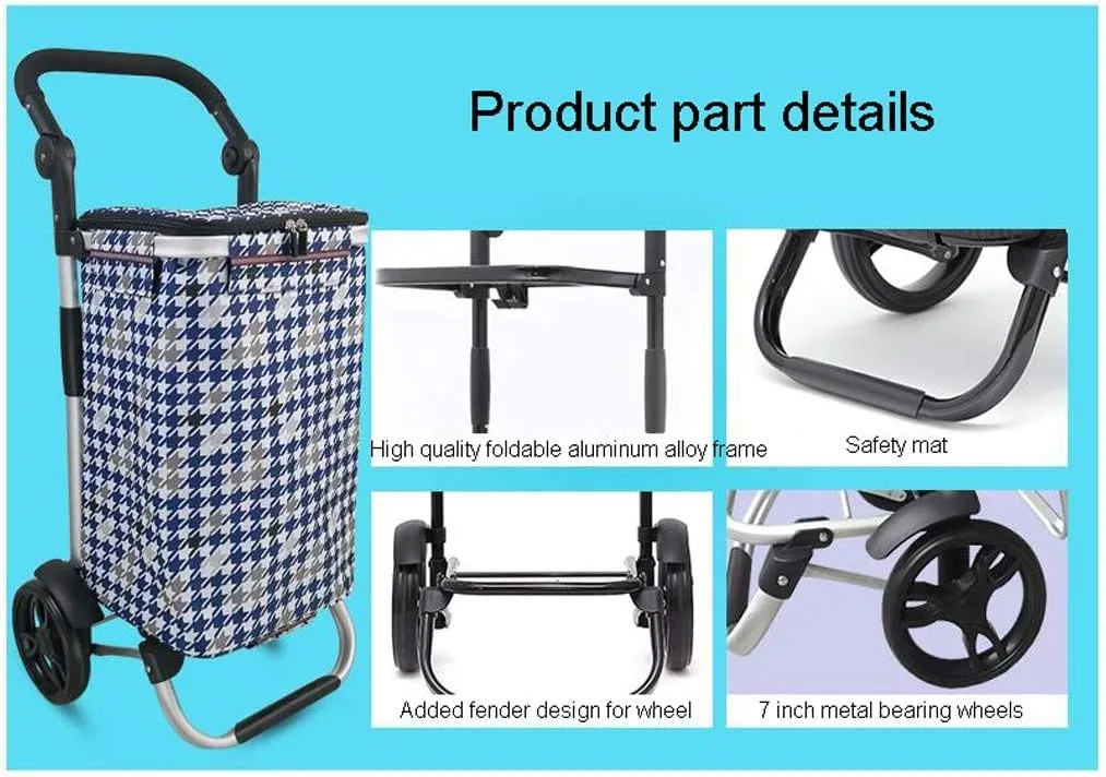 Utility Shopping Cart Shopping Trolley Aluminum Frame Foldable Grocery Store Trolley with Fabric Bag Bearing Wheel Portable Shopping Trolley 17.7*13.7*36.4 Inch Portable Grocery Cart to Save Space