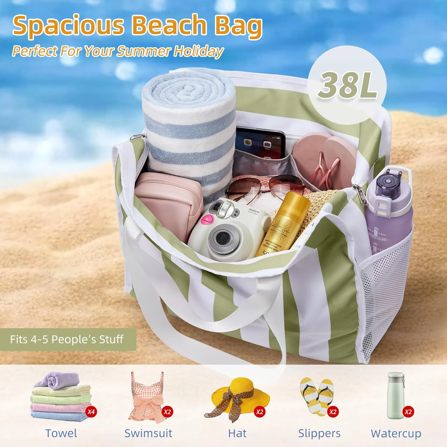 Utility Tote Beach Bag Waterproof Sandproof Women 38L Large Travel Shoulder Handbag Pool Bag Zip Foldable Bottom Pad