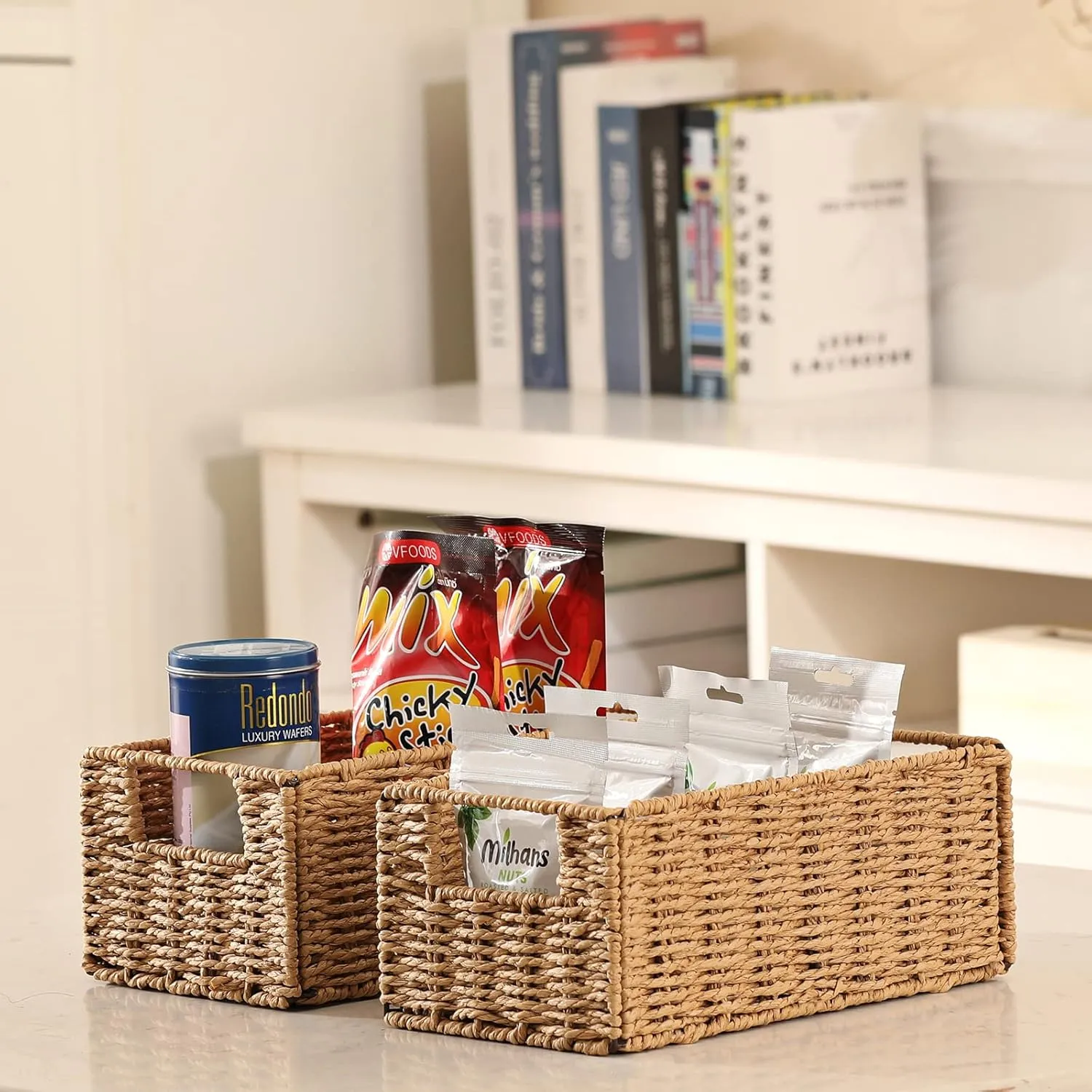 Vagusicc Wicker Storage Basket, Set of 2 Hand-Woven Paper Rope Wicker Basket, Small Storage Baskets for Organizing Toilet Paper Basket, Foldable Large Cube Storage Organizer Bins for Shelves (Natural)