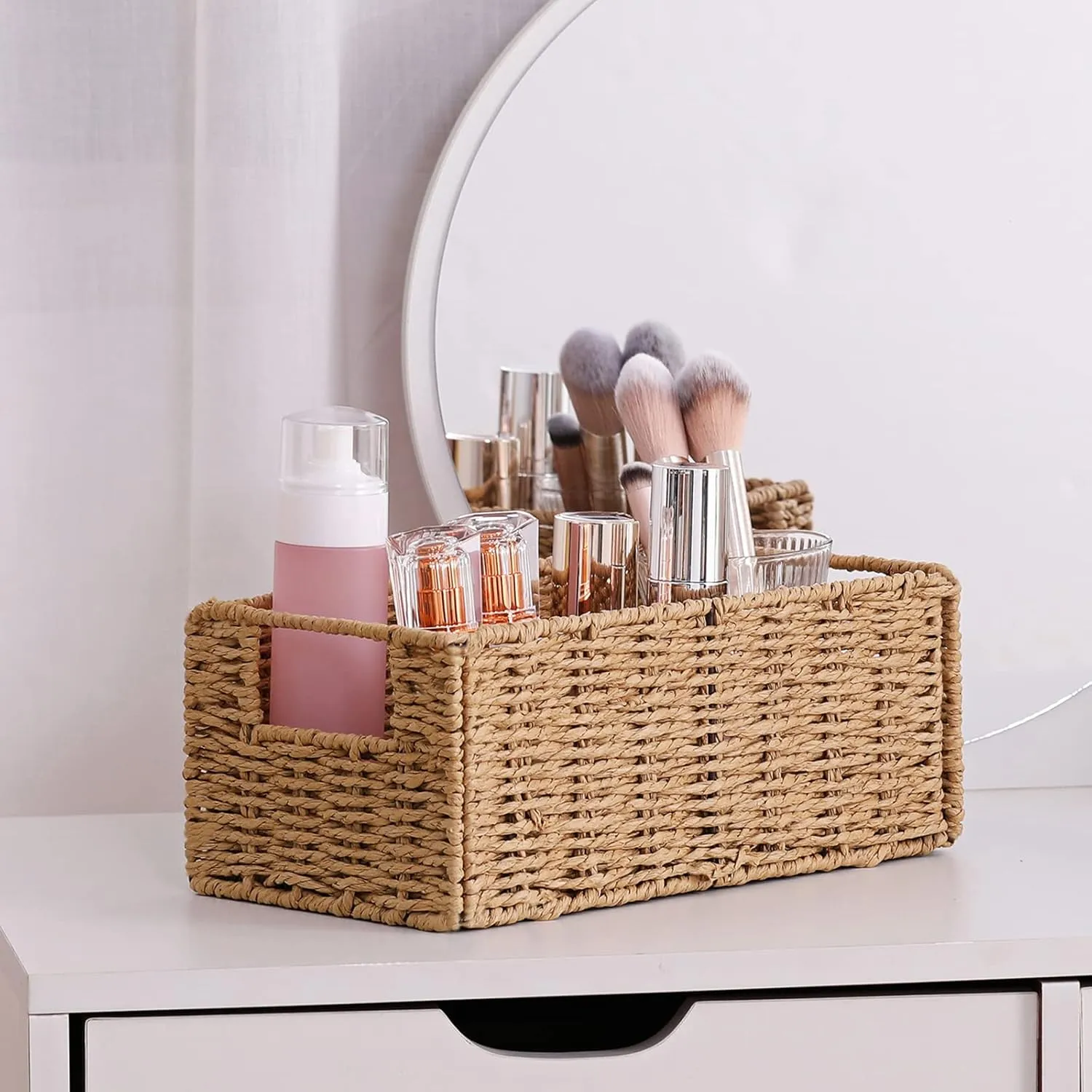 Vagusicc Wicker Storage Basket, Set of 2 Hand-Woven Paper Rope Wicker Basket, Small Storage Baskets for Organizing Toilet Paper Basket, Foldable Large Cube Storage Organizer Bins for Shelves (Natural)