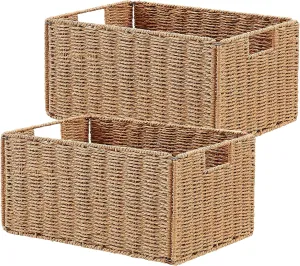 Vagusicc Wicker Storage Basket, Set of 2 Hand-Woven Paper Rope Wicker Basket, Small Storage Baskets for Organizing Toilet Paper Basket, Foldable Large Cube Storage Organizer Bins for Shelves (Natural)