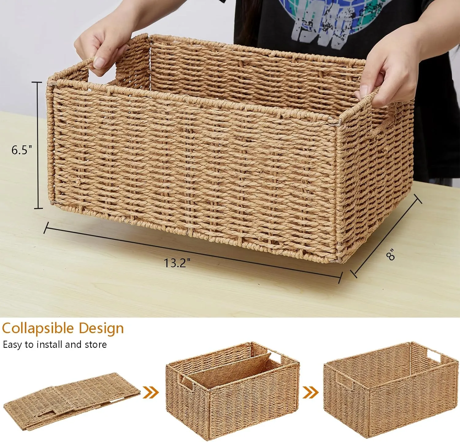 Vagusicc Wicker Storage Basket, Set of 2 Hand-Woven Paper Rope Wicker Basket, Small Storage Baskets for Organizing Toilet Paper Basket, Foldable Large Cube Storage Organizer Bins for Shelves (Natural)