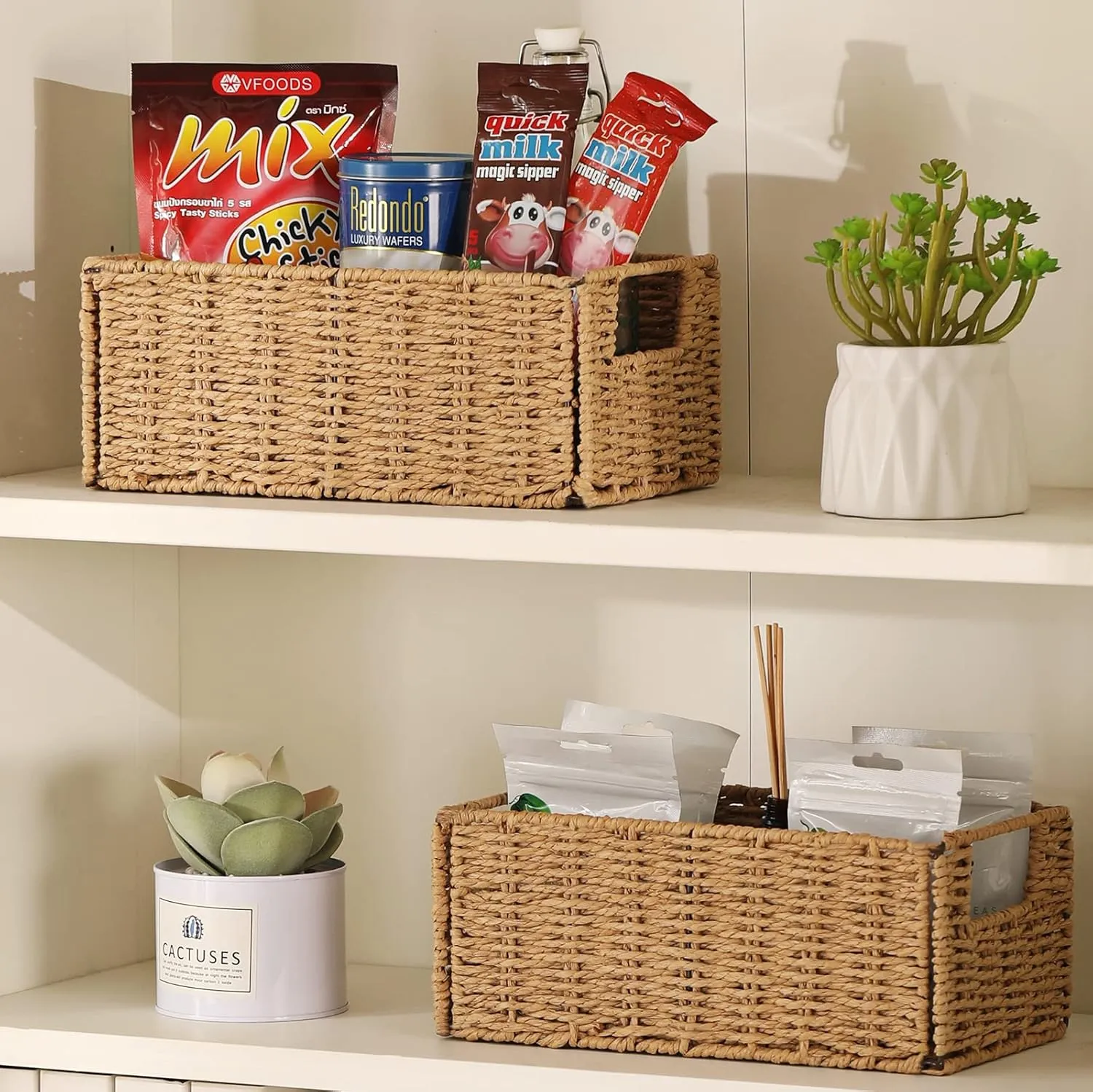 Vagusicc Wicker Storage Basket, Set of 2 Hand-Woven Paper Rope Wicker Basket, Small Storage Baskets for Organizing Toilet Paper Basket, Foldable Large Cube Storage Organizer Bins for Shelves (Natural)
