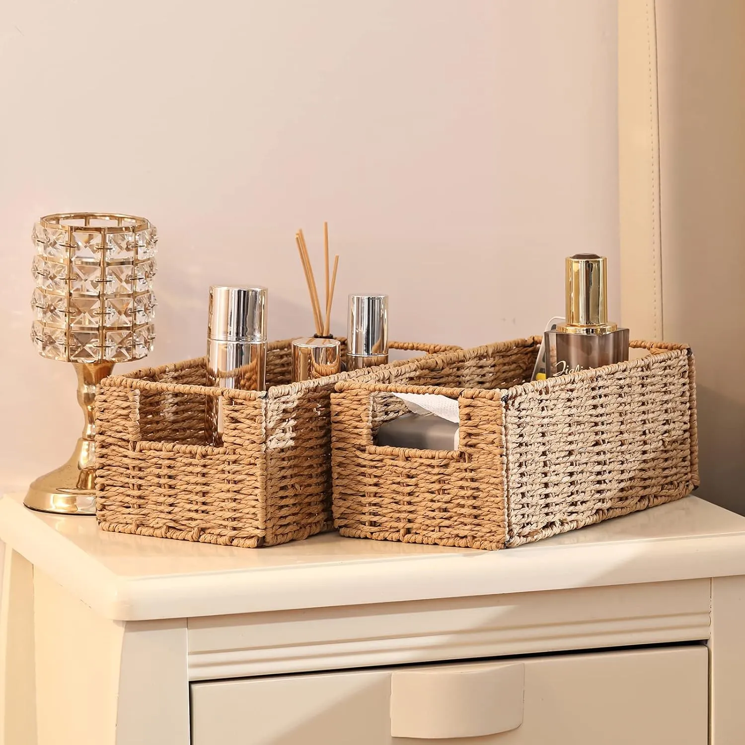 Vagusicc Wicker Storage Basket, Set of 2 Hand-Woven Paper Rope Wicker Basket, Small Storage Baskets for Organizing Toilet Paper Basket, Foldable Large Cube Storage Organizer Bins for Shelves (Natural)