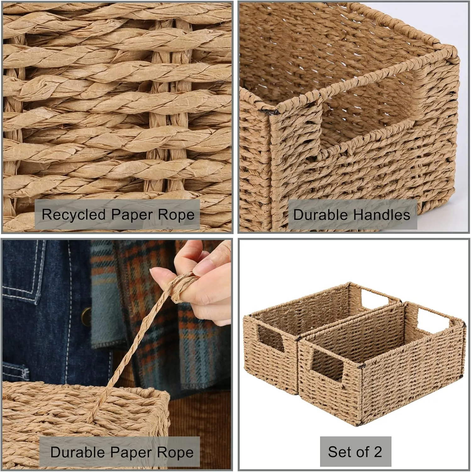 Vagusicc Wicker Storage Basket, Set of 2 Hand-Woven Paper Rope Wicker Basket, Small Storage Baskets for Organizing Toilet Paper Basket, Foldable Large Cube Storage Organizer Bins for Shelves (Natural)