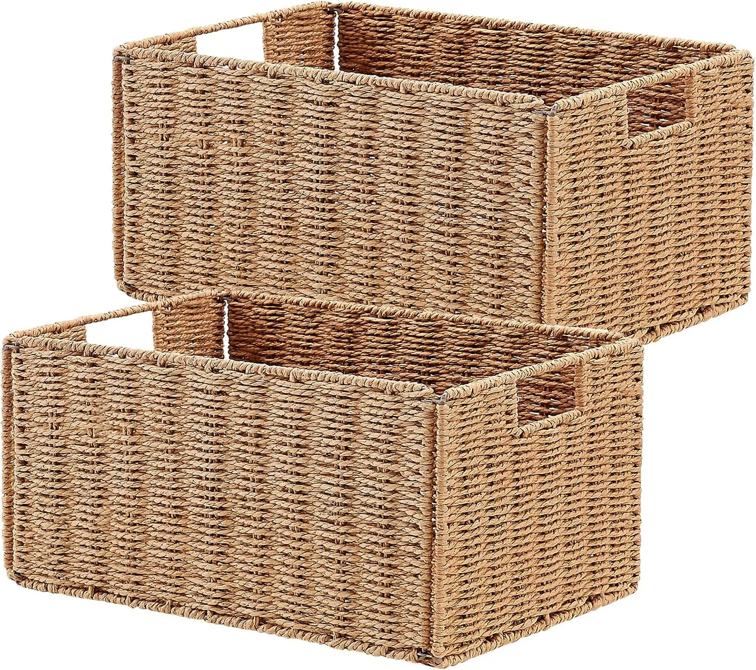 Vagusicc Wicker Storage Basket, Set of 2 Hand-Woven Paper Rope Wicker Basket, Small Storage Baskets for Organizing Toilet Paper Basket, Foldable Large Cube Storage Organizer Bins for Shelves (Natural)