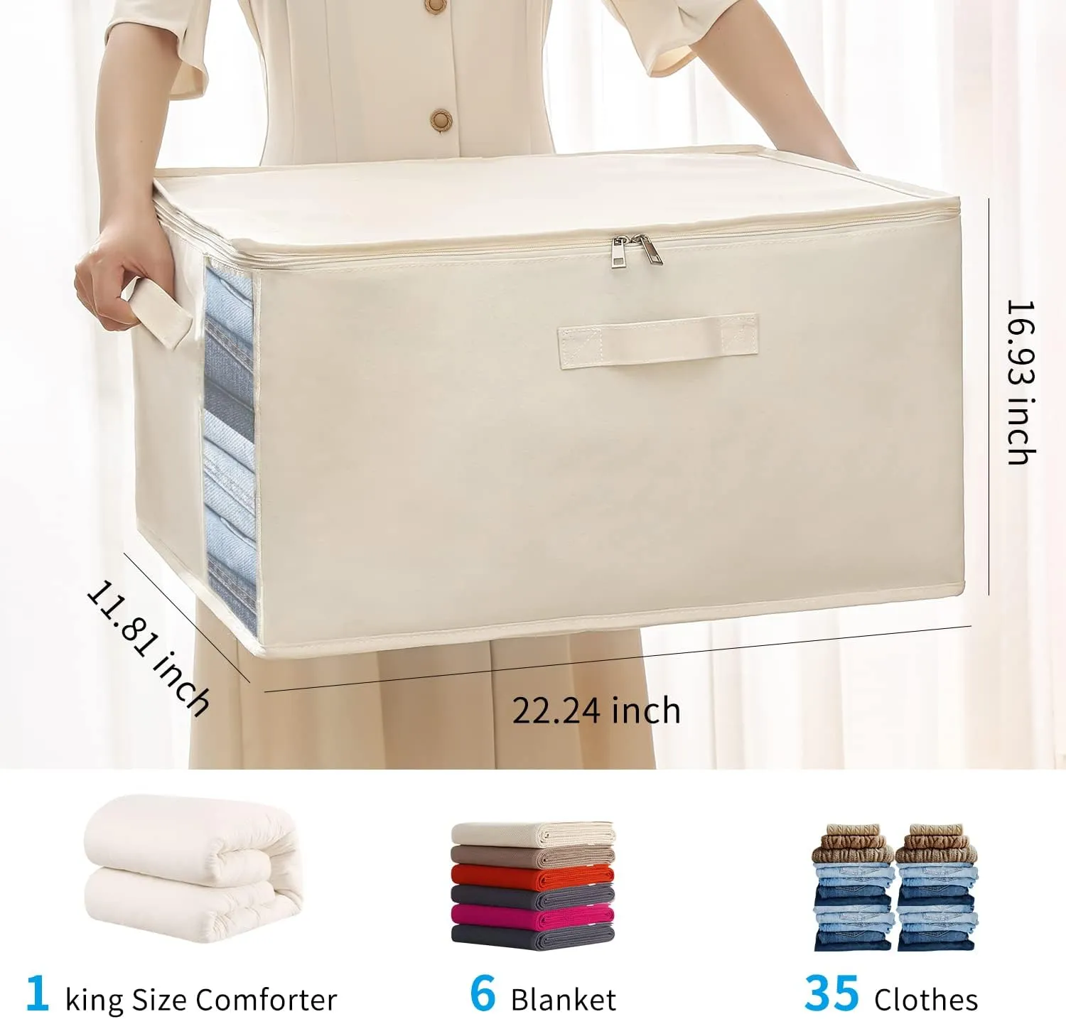 Vailando 6-Pack Large Canvas Comforter Storage Bags Closet Organizer for Clothes Sweater Clothes Organizer with Dual Zipper Three Carrying Handles for Blanket Closet Storage Container