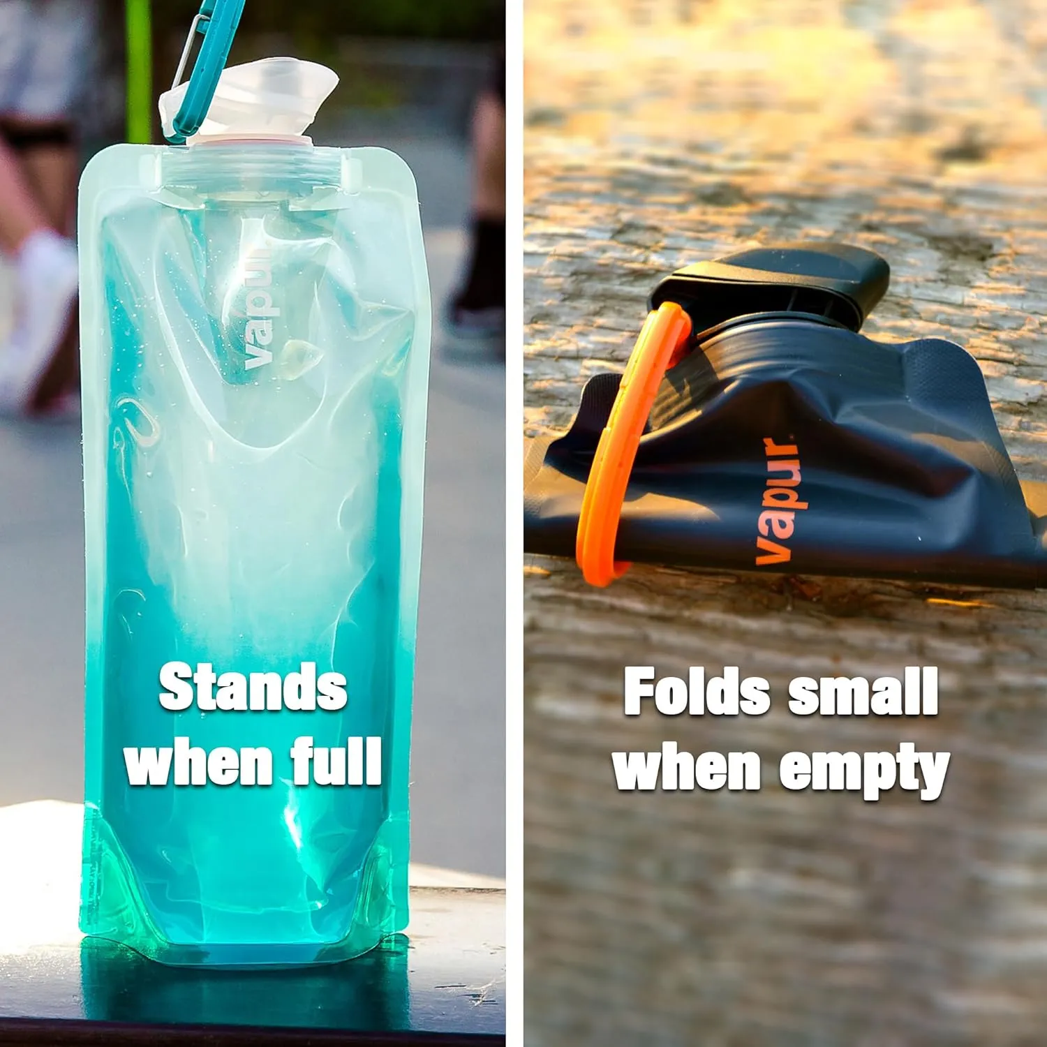 Vapur Collapsible Water Bottle With Carabiner, Compact Bottle Folds Flat For Hydration On The Go, Ideal for Traveling, Hiking or Camping, 34 Ounce, Graphite Grey, Pack of 1