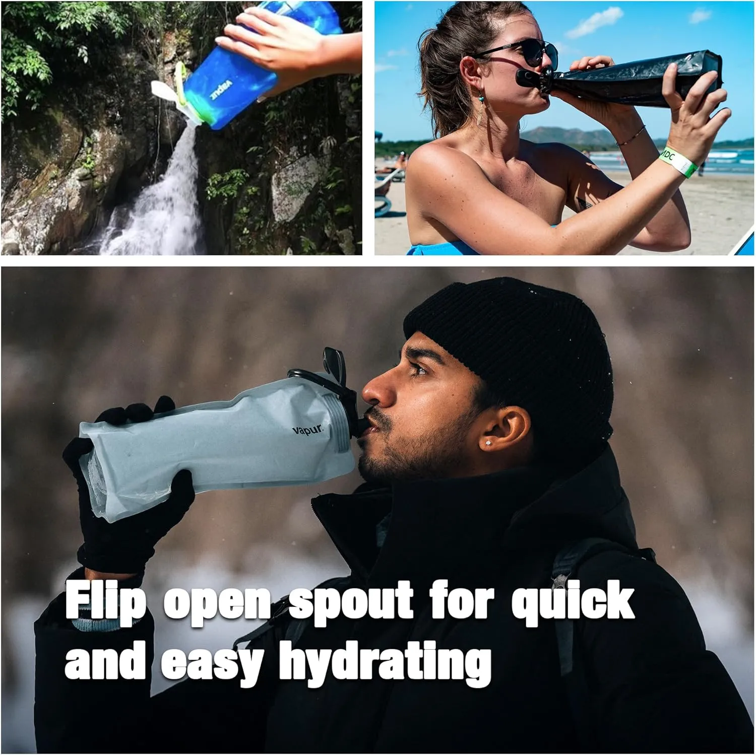 Vapur Collapsible Water Bottle With Carabiner, Compact Bottle Folds Flat For Hydration On The Go, Ideal for Traveling, Hiking or Camping, 34 Ounce, Graphite Grey, Pack of 1