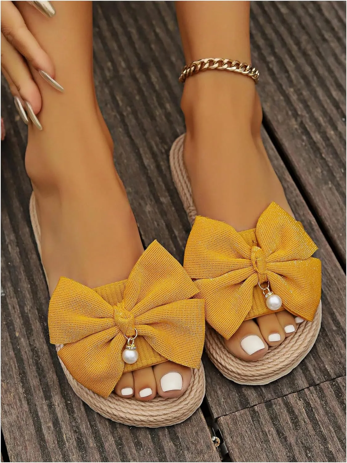 Verdusa Women's Bow Summr Flat Sandals Open Toe Sandals Slip On Slides