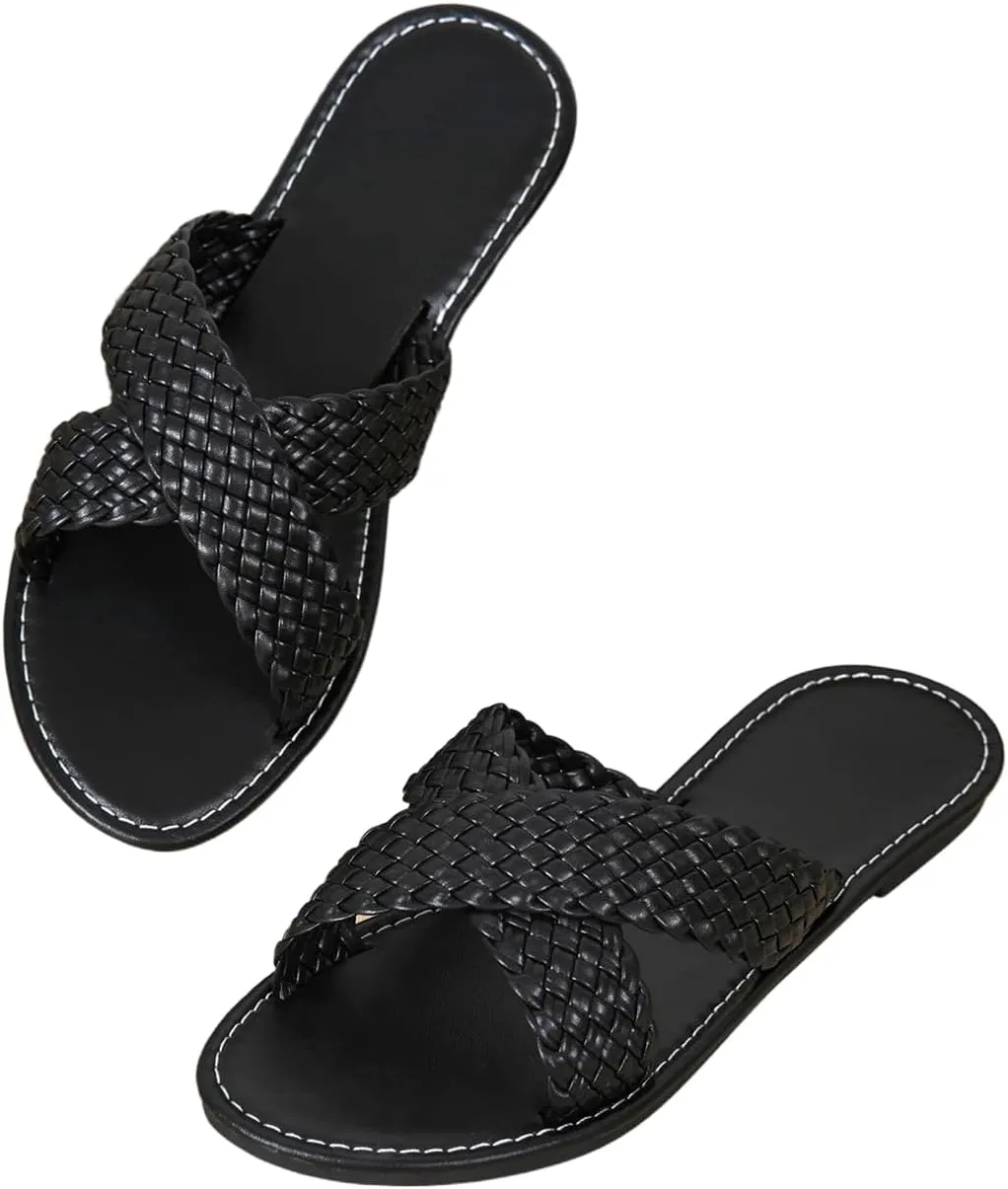 Verdusa Women's Criss Cross Braided Flat Sandals Open Toe Slip On Slippers