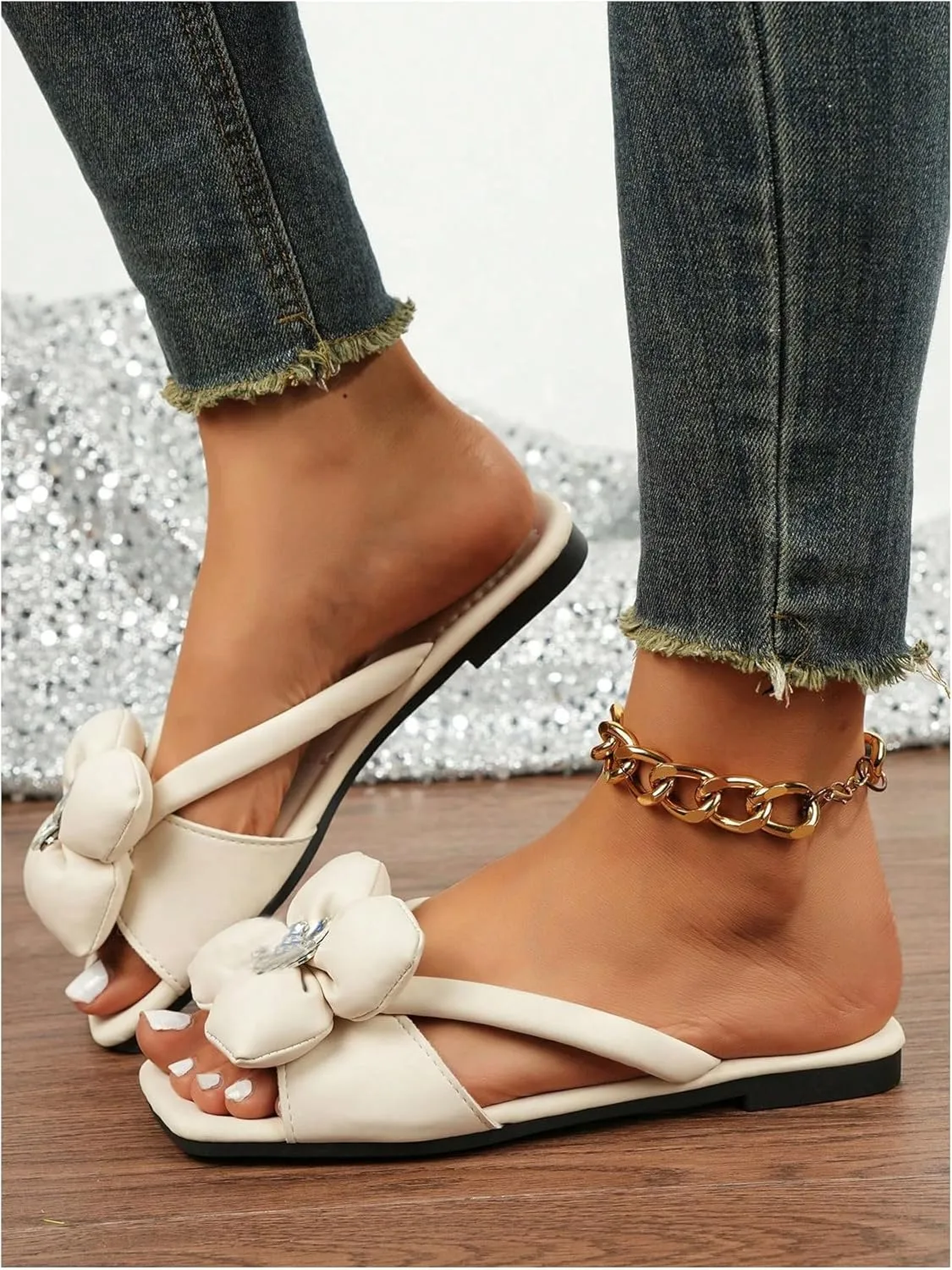 Verdusa Women's Flower Decor Glitter Leather Flat Sandals Slip on Open Toe Sandals