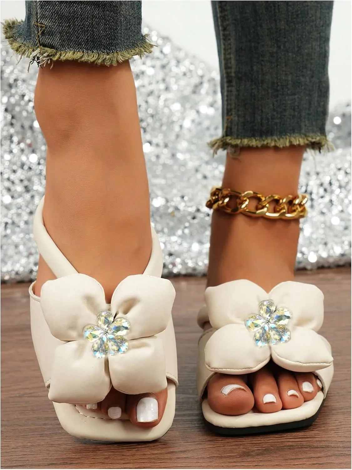 Verdusa Women's Flower Decor Glitter Leather Flat Sandals Slip on Open Toe Sandals