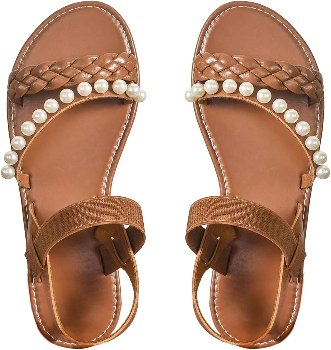 Verdusa Women's Pearls Braided Flat Sandals Open Toe Slip On Beach Slides