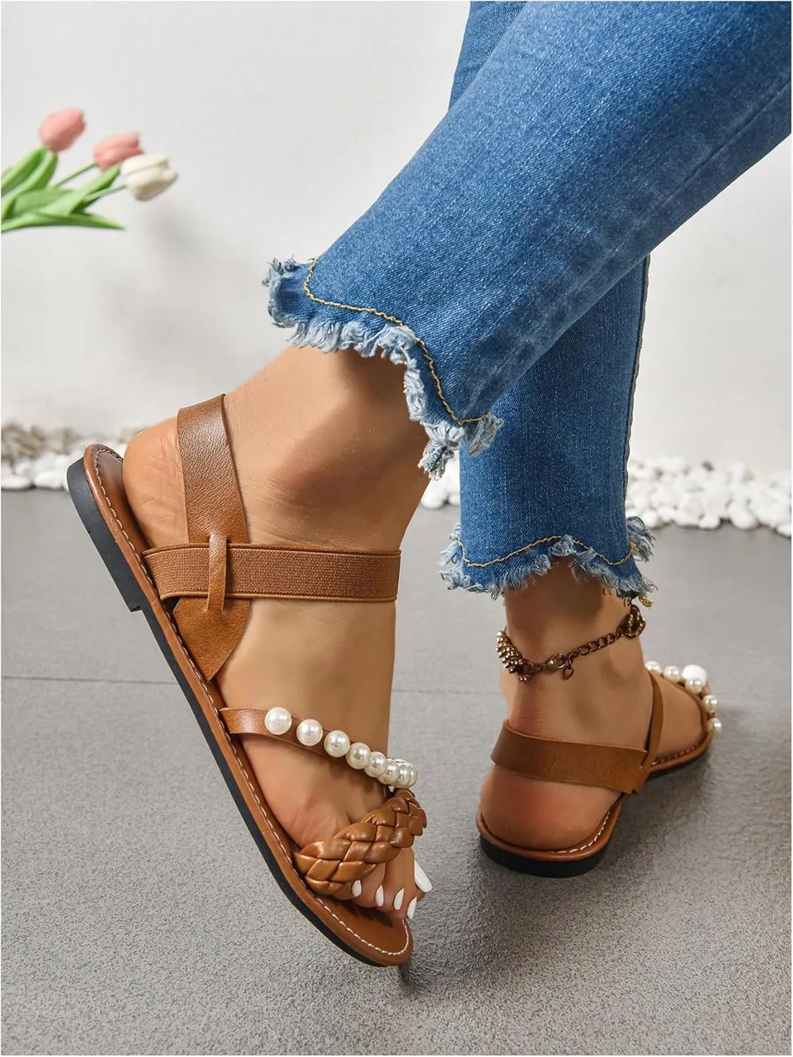 Verdusa Women's Pearls Braided Flat Sandals Open Toe Slip On Beach Slides