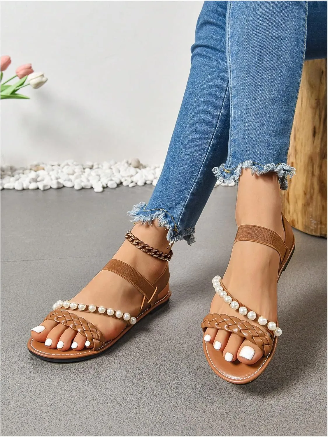 Verdusa Women's Pearls Braided Flat Sandals Open Toe Slip On Beach Slides