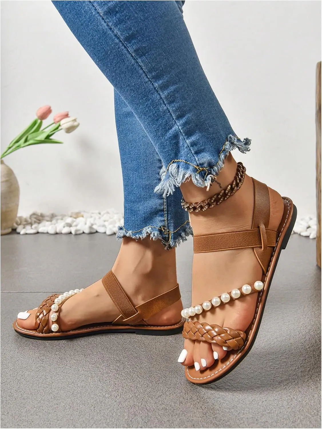 Verdusa Women's Pearls Braided Flat Sandals Open Toe Slip On Beach Slides